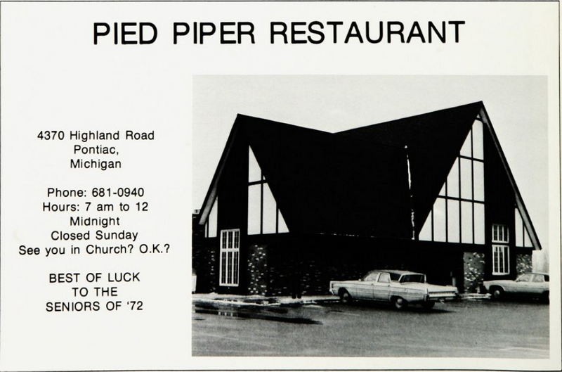 Pied Piper Restaurant - 1972 Waterford Twp High Yearbook Ad